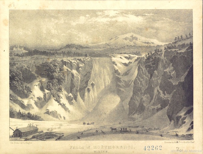 1800s-Falls of Montmorenci Winter On stone by L Hagues drawn by RSM Bouchette Esq