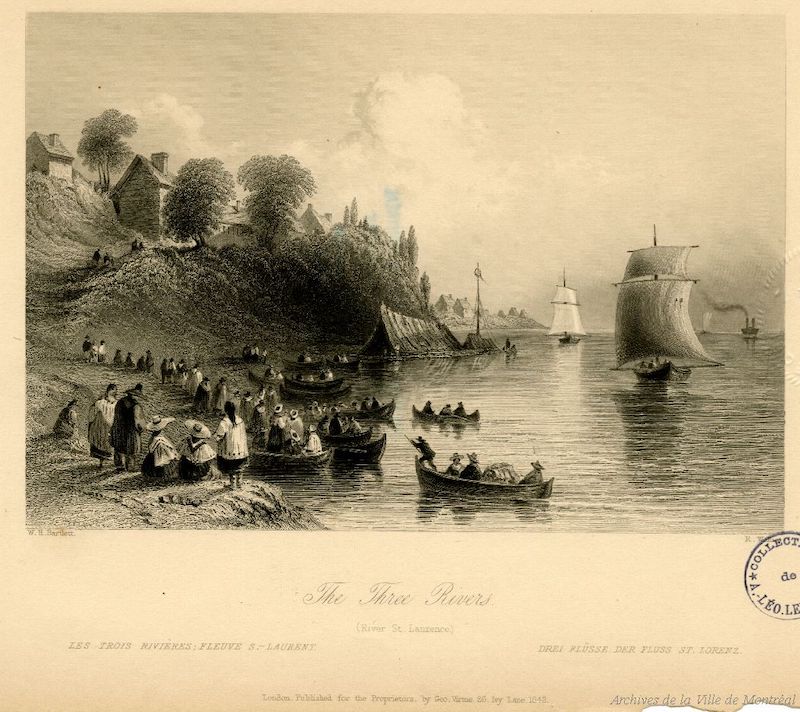 1842?-Cette gravure représente des bateaux arrivant à Trois-Rivières sur le fleuve Saint-Lauren