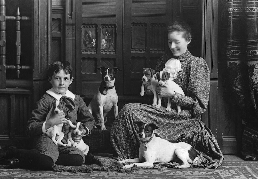 1890 - Miss MacKenzie, brother and dogs, Montreal