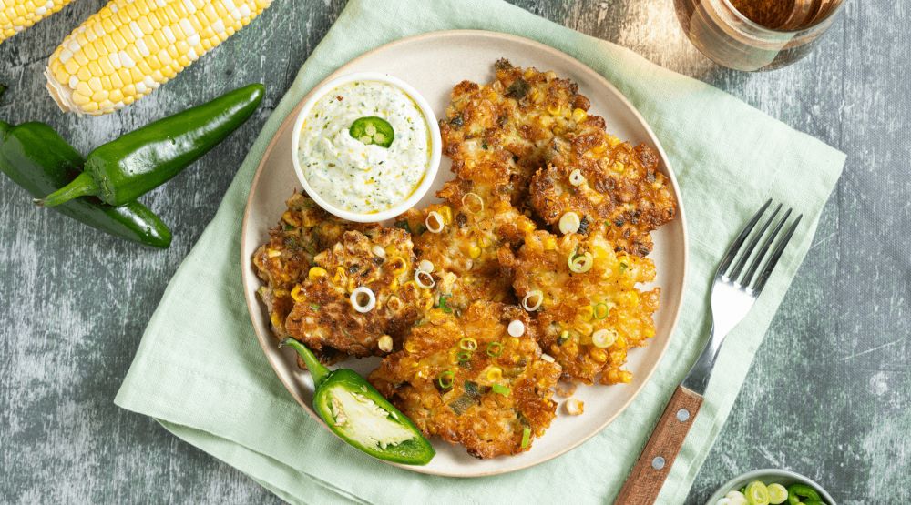 Recipe for Corn Fritters with Chimichurri Yogurt Sauce