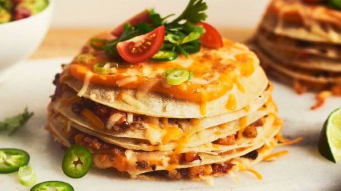 Recipe for Veggie Quesadilla Cake with Tex Mex Shredded Cheese