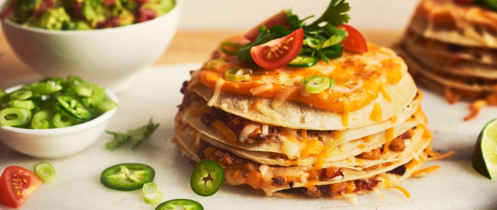 Recipe for Veggie Quesadilla Cake with Tex Mex Shredded Cheese